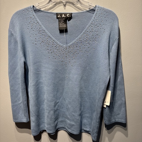 J.A.C. Light‎ Blue Silk Blend Top Rhinestone 3/4 Sleeves Lightweight SzL Career - Picture 1 of 8